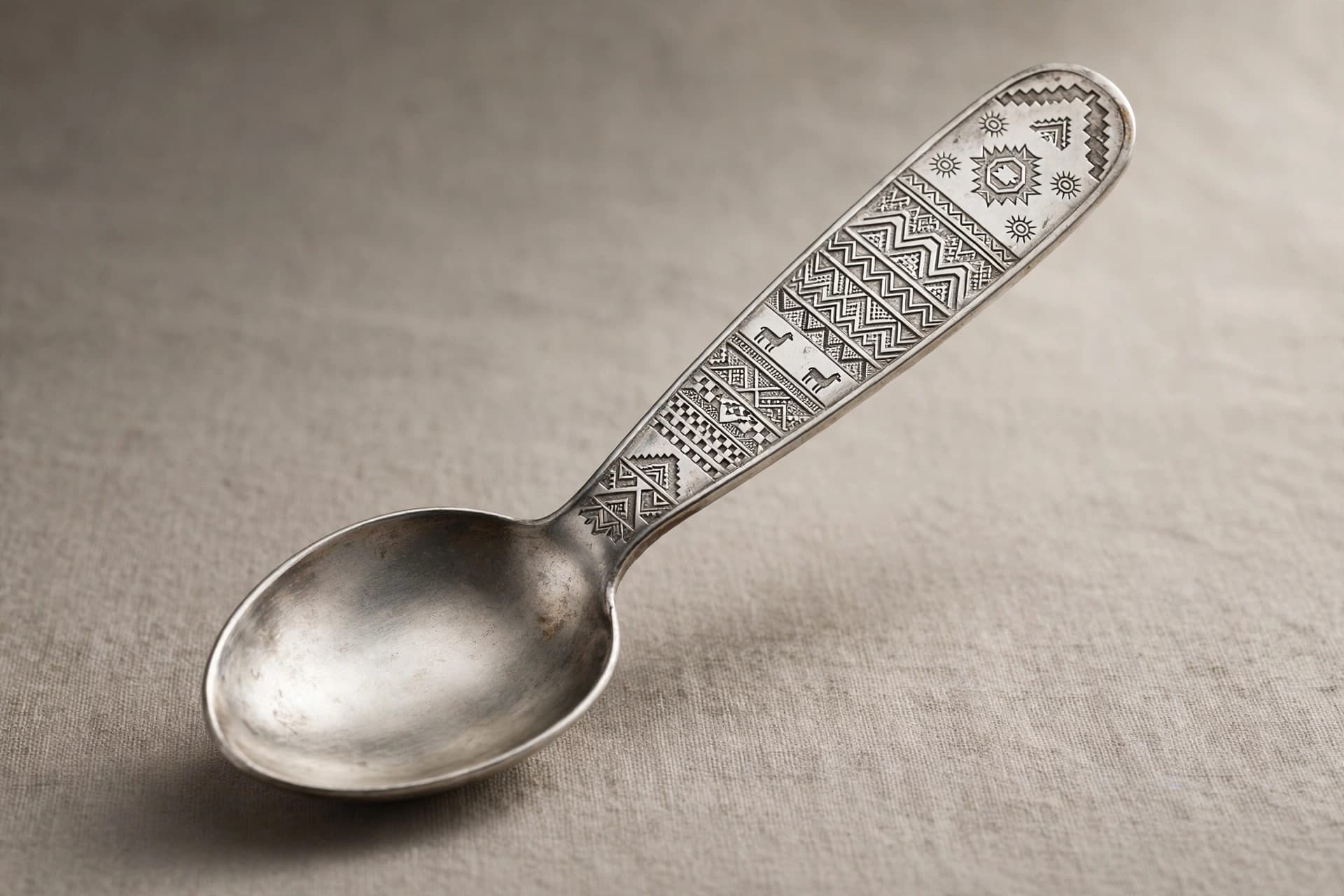 Peruvian Silver Spoon with Suns and Geometric Ornament — Primary view